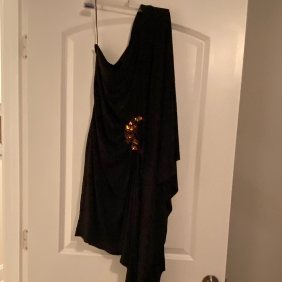 Gorgeous black one shoulder Juan Carlos Pinera dress with jewel accent at waist